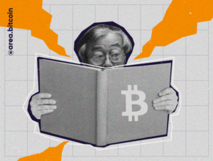 Satoshi lendo o "livro" do Bitcoin