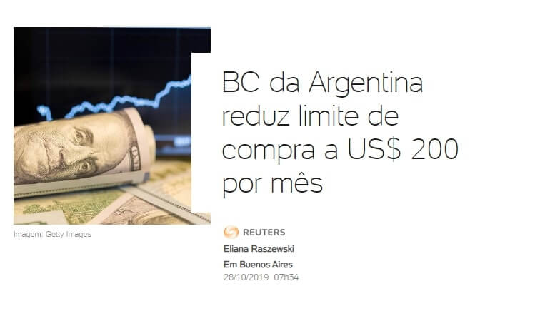 Notícia em que o Banco Central da Argentina reduziu o limite de compra de dólar