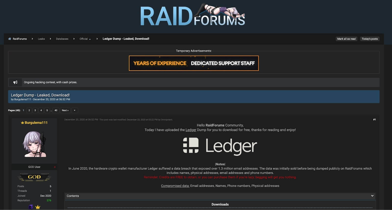 Dados de clientes da Ledger expostos no RAIDForums