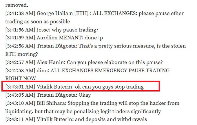 Conversa de Vitalik Buterin, pedindo para as pessoas parassem de negociar ETH