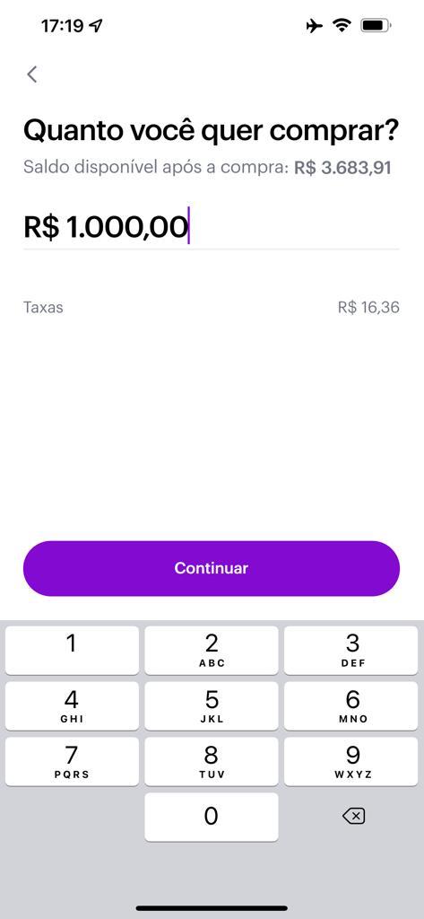 Simulação de compra de 1000 reais de Bitcoin pelo Nubank