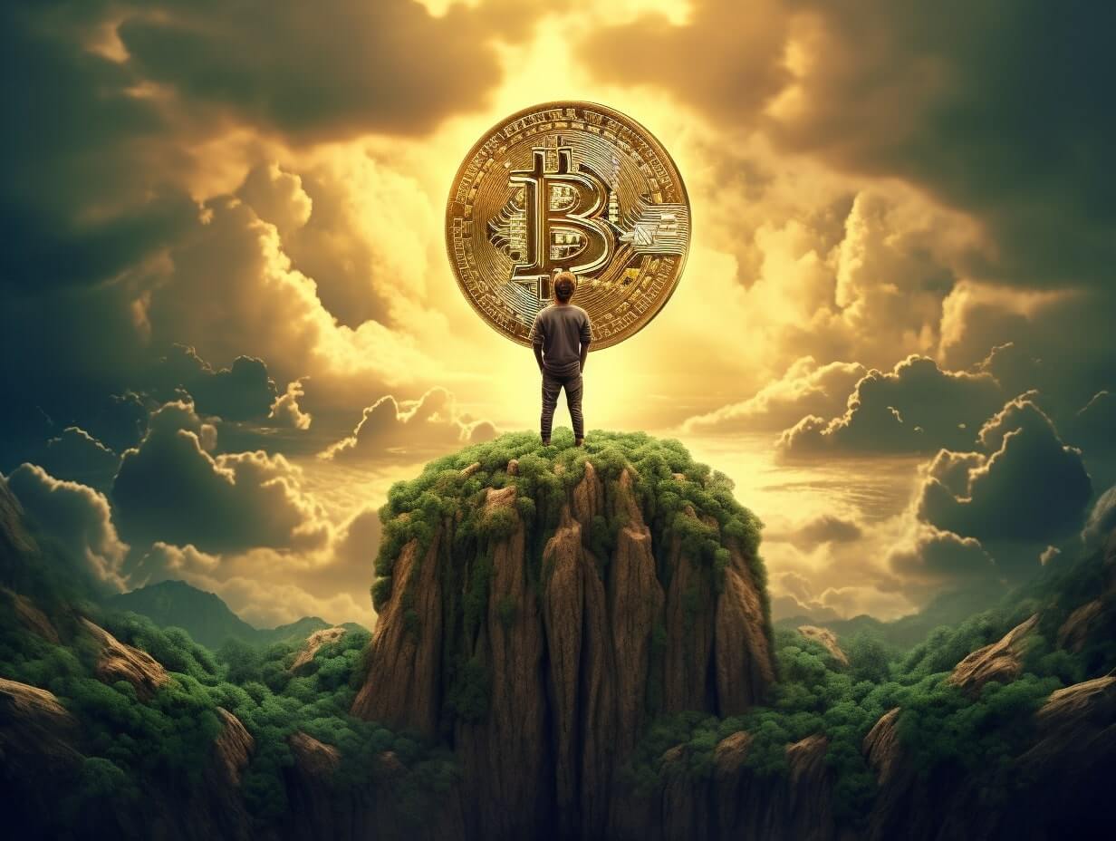 Uma pessoa no topo do mundo, alcançando o Bitcoin