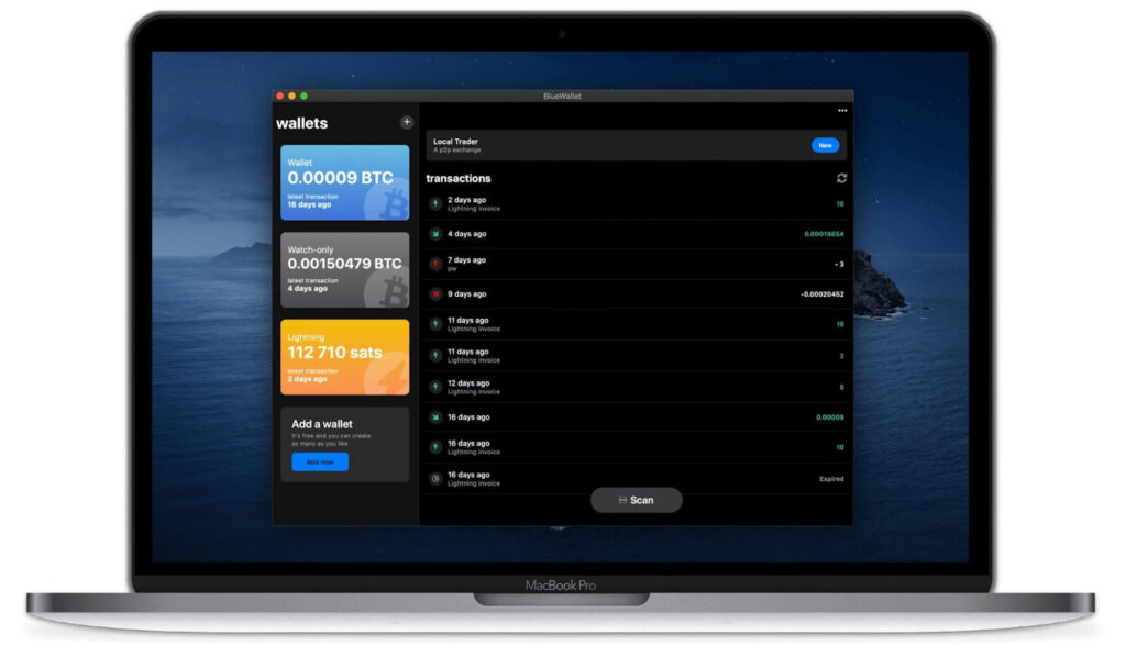 Aplicativo da hot wallet Blue Wallet no MacBook Pro