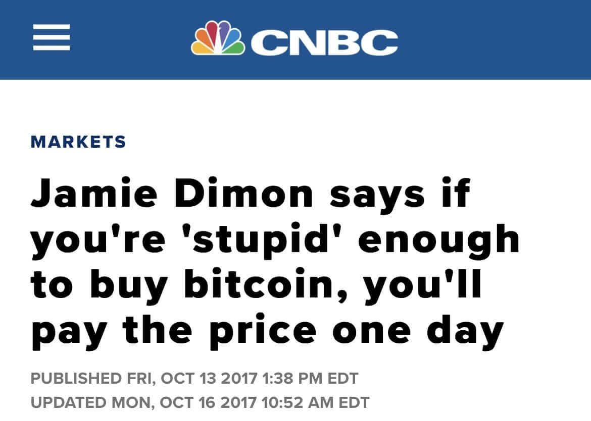 Jamie Dimon diz que se você for burro o suficiente para comprar bitcoin, você pagará o preço algum dia.