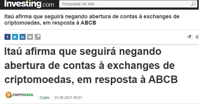 Itaú nega abertura de contas de exchanges de criptomoedas (investing.com)