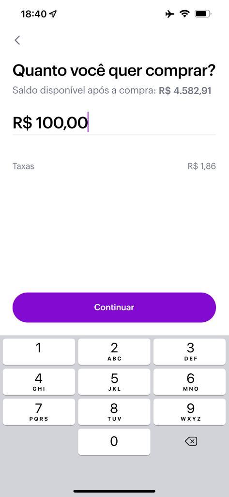 Simulação de compra de 100 reais de Bitcoin pelo Nubank