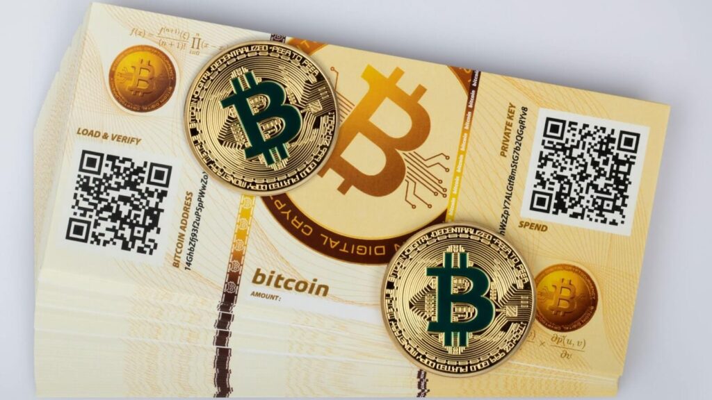 Notas de Bitcoin, em formado de dinheiro