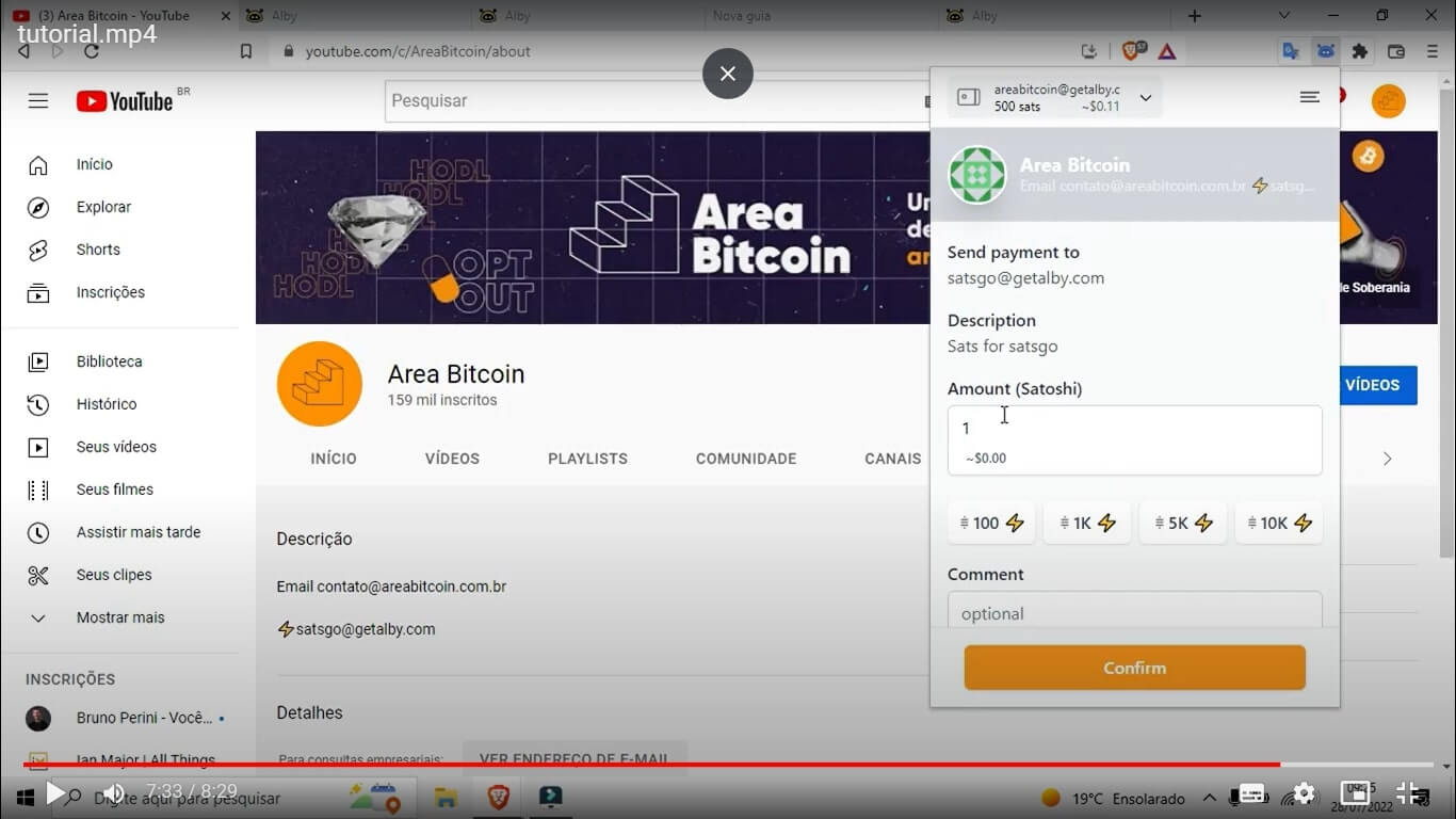 Envio de satoshis para o canal da Area Bitcoin, no Youtube