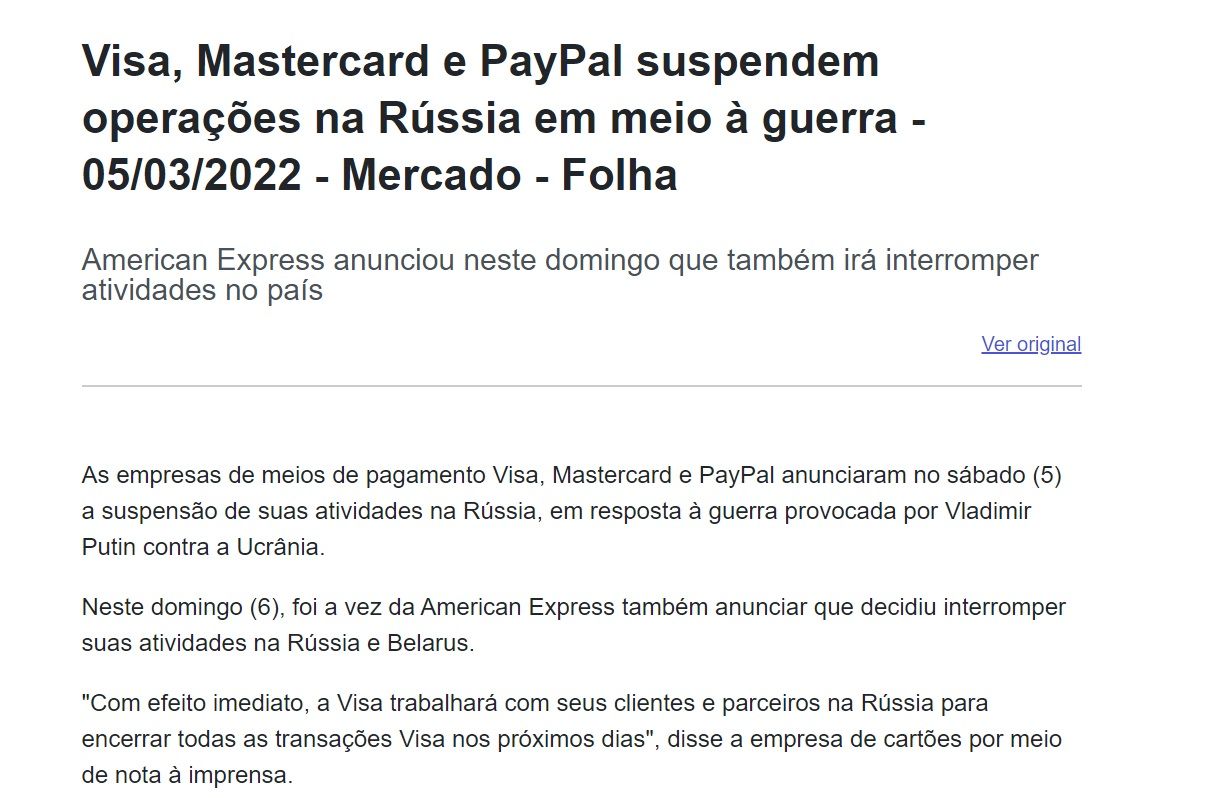 Visa, MAstercard e PayPal suspende operações na Russia