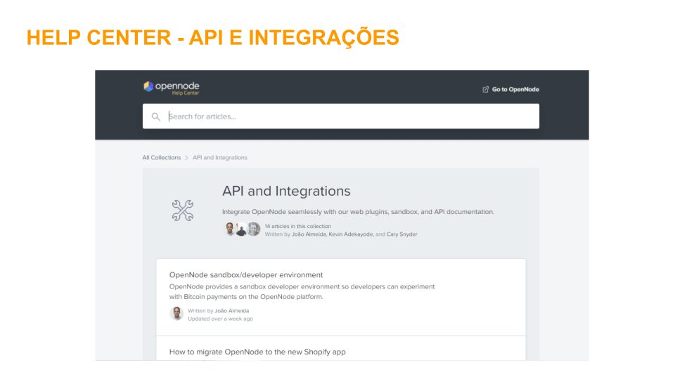 Página de ajuda para API e integrações do OpenNode