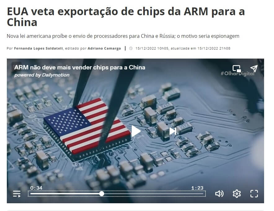 Notícia que os EUA vetaram a exportação de chips ARM para China