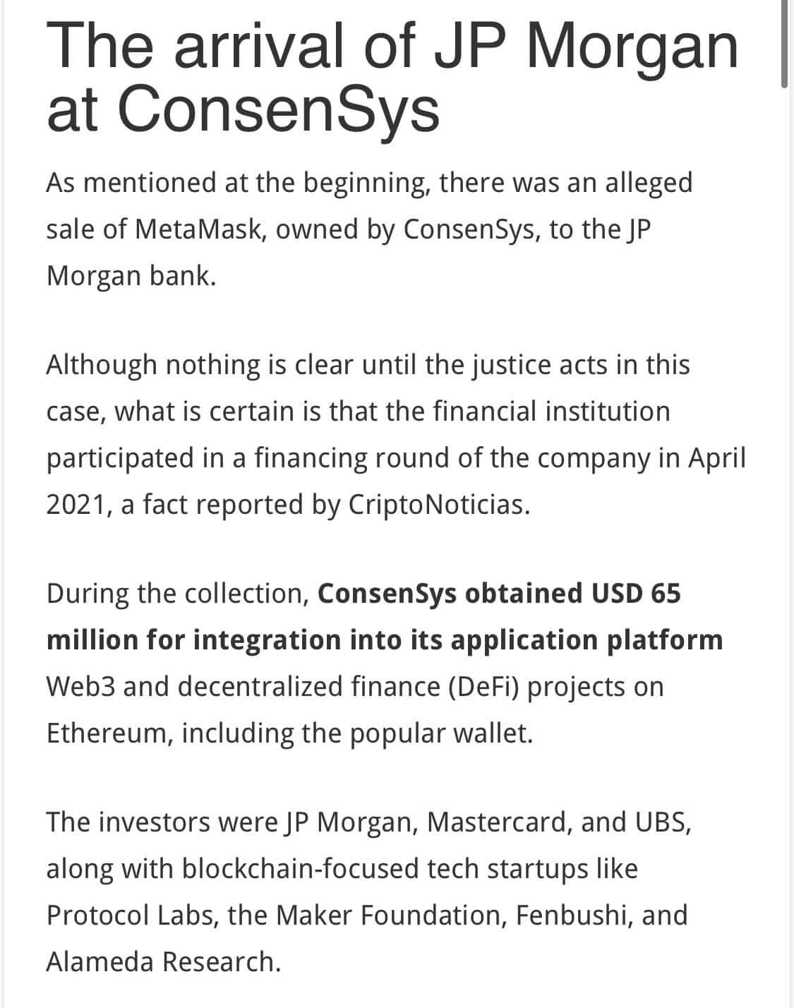 Noticia sobre a aquisição da Metamask pelo JP Morgan