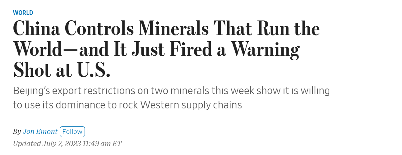 Notícia que mostra que a China controla boa parte dos minerais do mundo