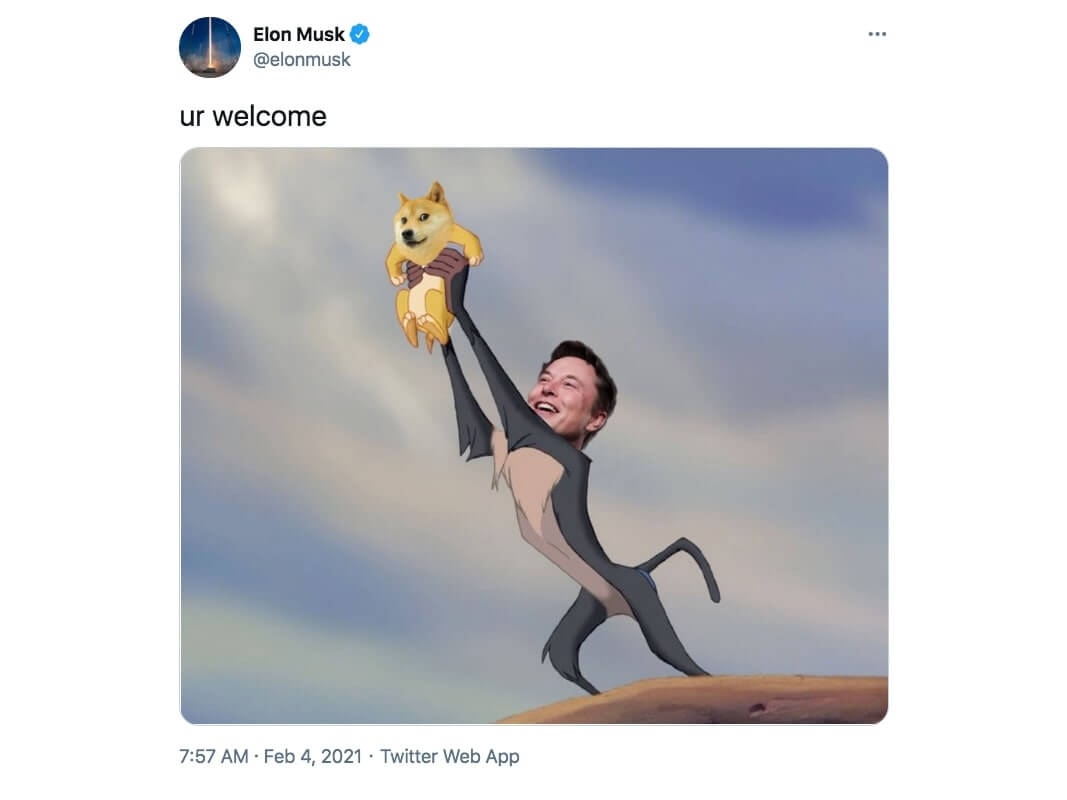 Tuíte de Elon Musk, sobre a Dogecoin