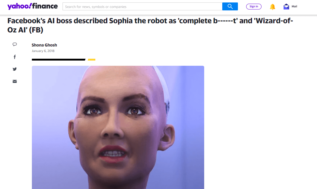 Noticia no qual o chefe de IA do Facebook descreve Sophia, a robô, como uma "completa baboseira".