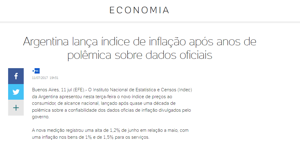 Notícia sobre o lançamento de um novo índice de inflação na Argentina, em 2017.