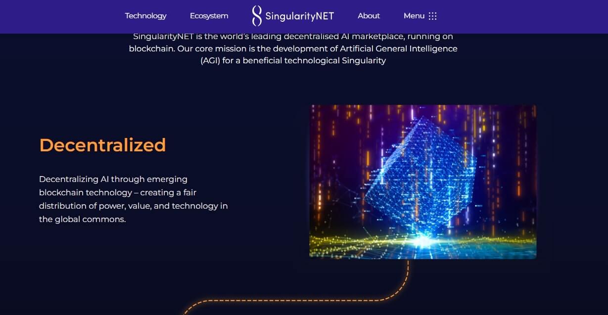 Site da SingularityNET, mencionando que o protocolo é descentralizado