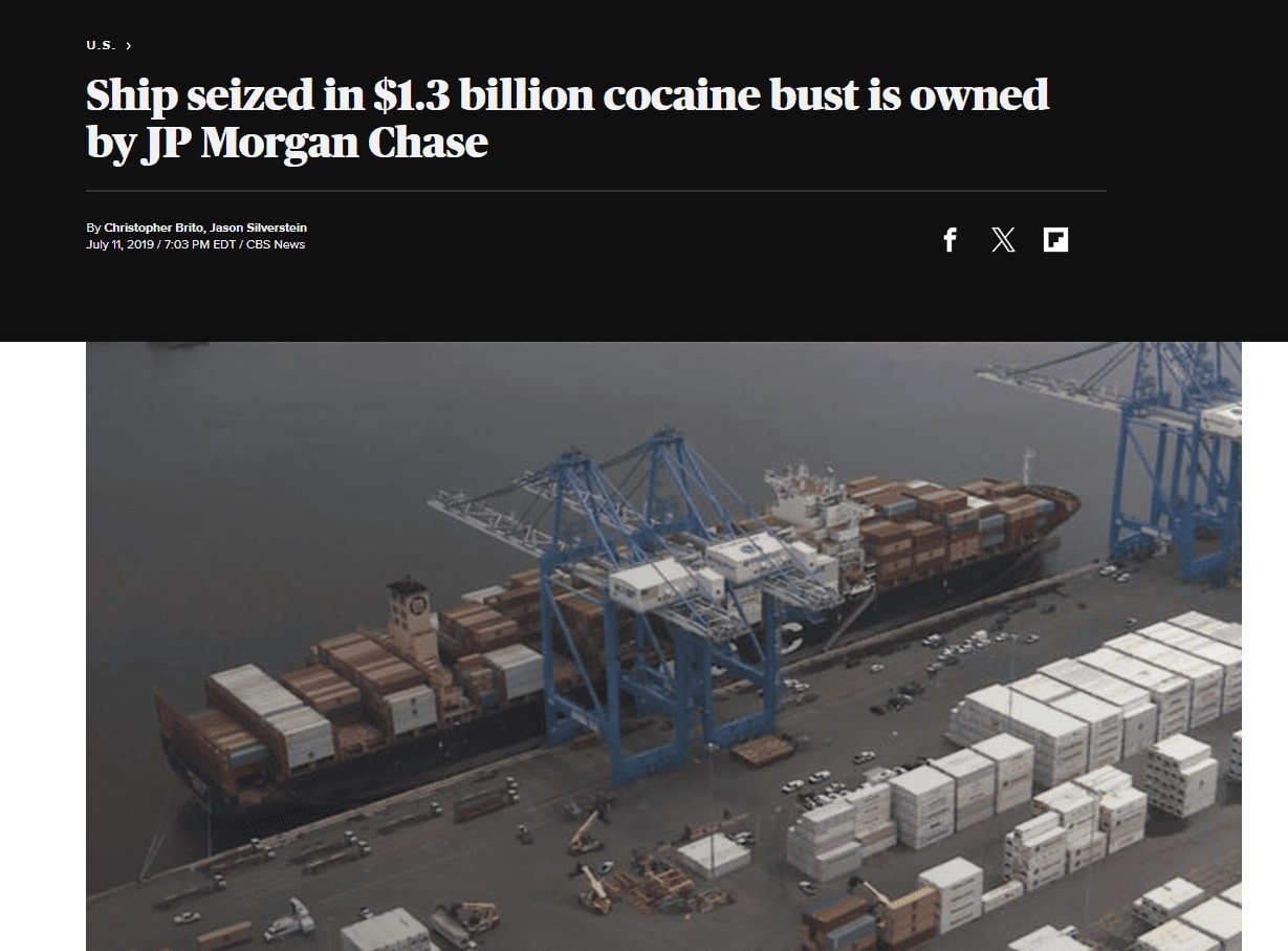 Noticia em que JP Morgan Chase é dono de um navio apreendido em apreensões de cocaína nos EUA.