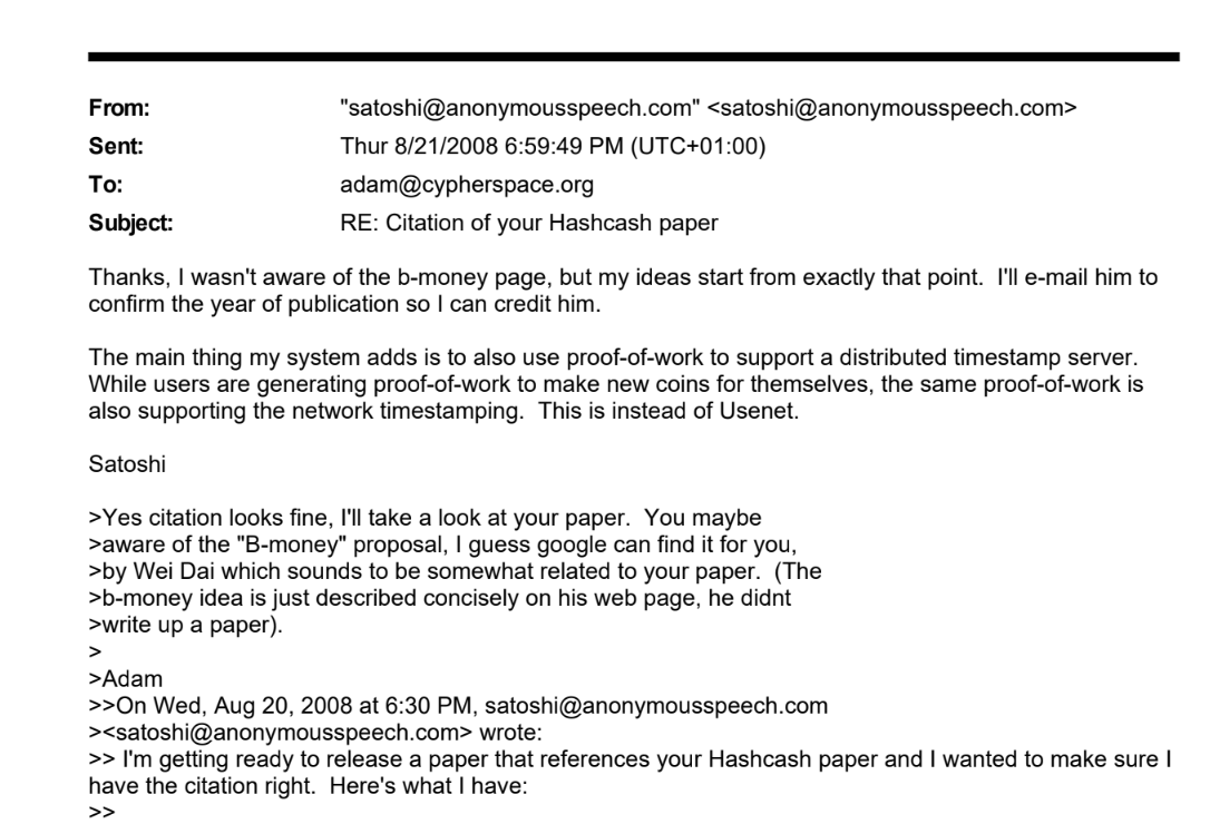 E-mail de Satoshi, no qual diz não estar ciente do B-Money