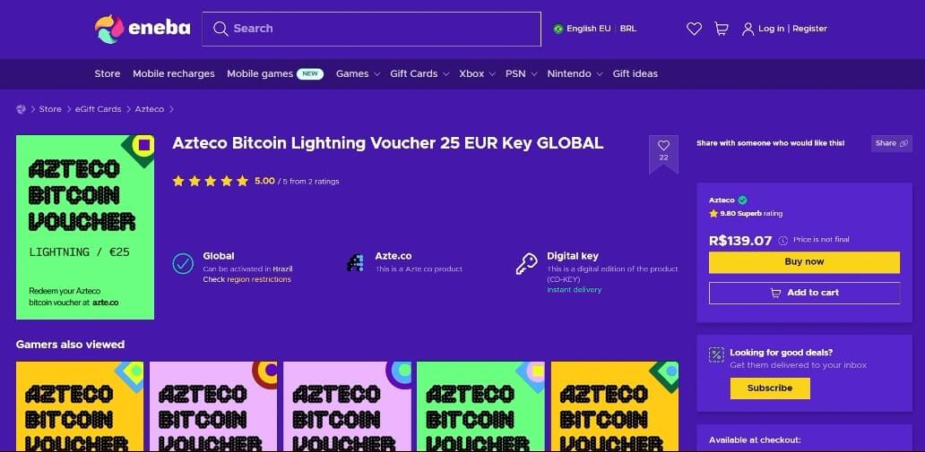 Selecionando voucher de Bitcoin Lightning a um preço de 25 euros.