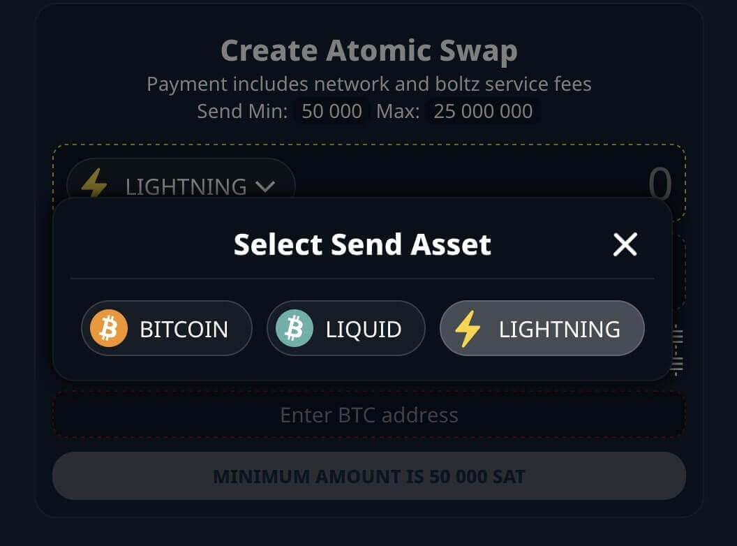 Escolha a rede Bitcoin que você deseja enviar os satoshis (Bitcoin, Lightning ou Liquid).