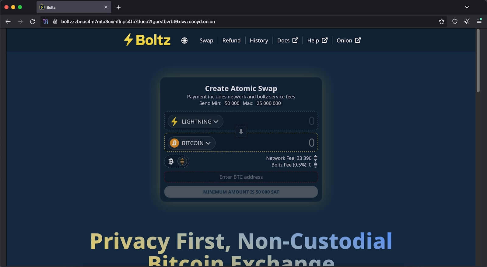 Página principal do site da Boltz