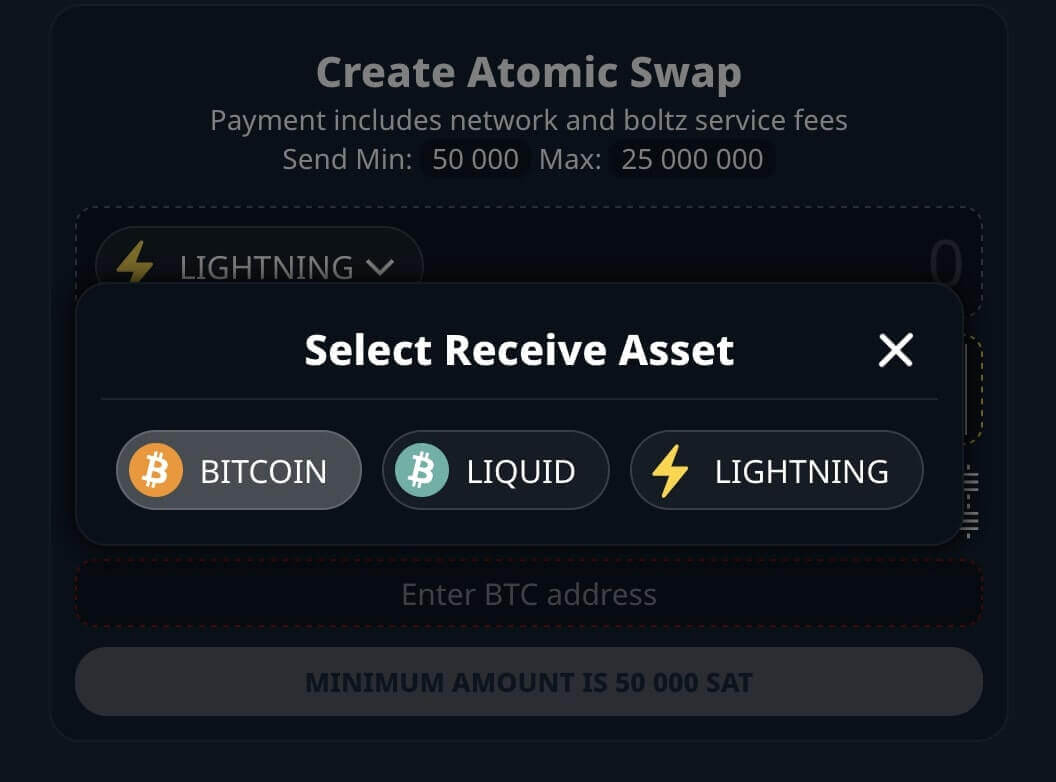 Escolha a rede Bitcoin que você deseja receber os satoshis (Bitcoin, Lightning ou Liquid).