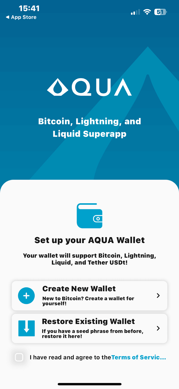Tela inicial da Aqua Wallet