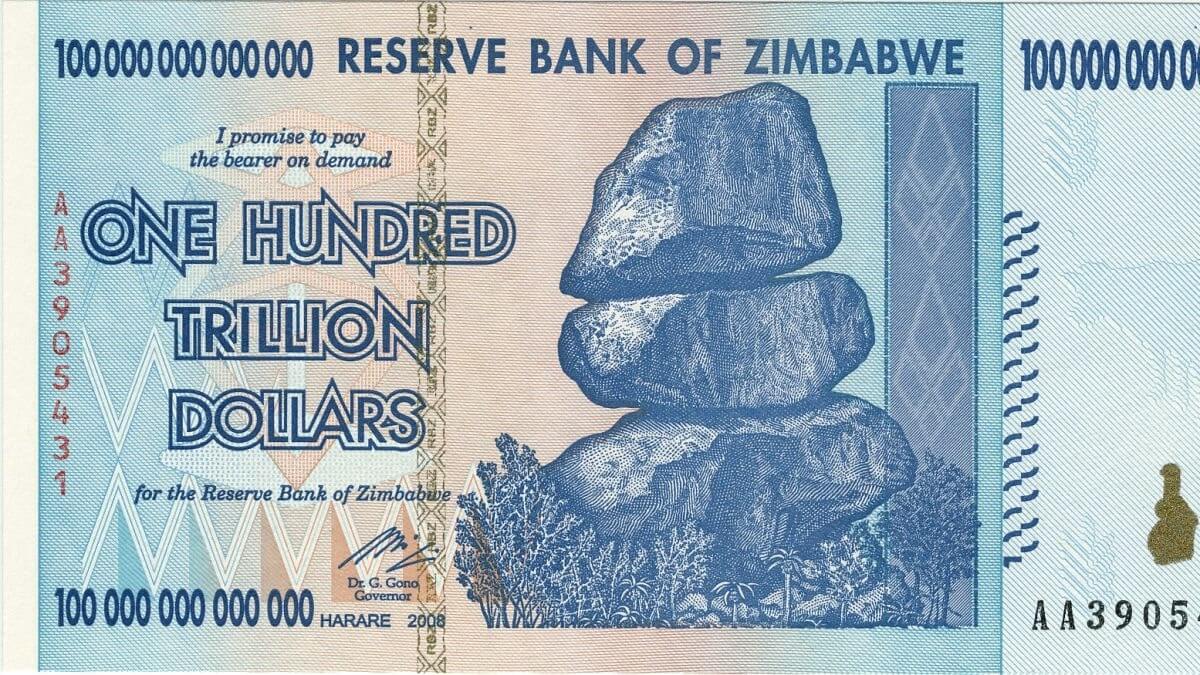 nota de 100 trilhões de dólares do Zimbabwe